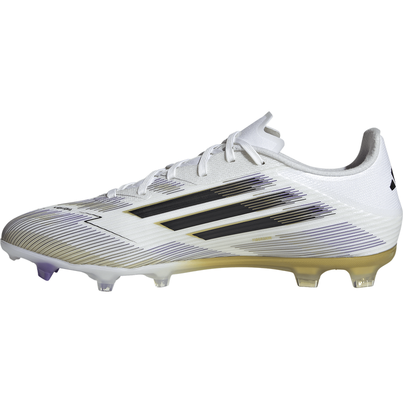 F50 League FG/MG WC, Adidas F50 League FG/MG WC 2025 in White/Black/Gold inside right profile