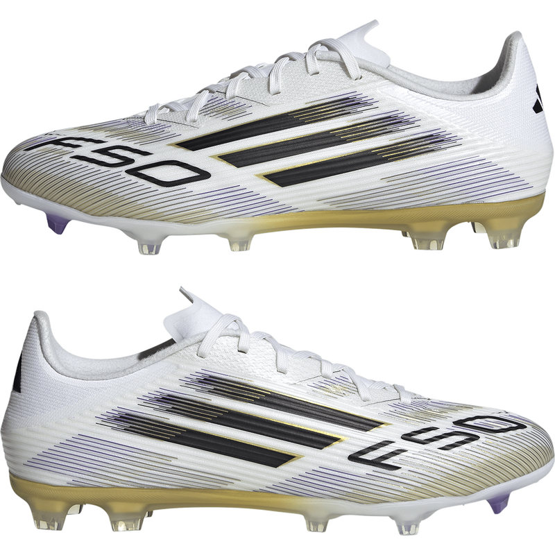 F50 League FG/MG WC, Adidas F50 League FG/MG WC 2025 in White/Black/Gold pair outside profile