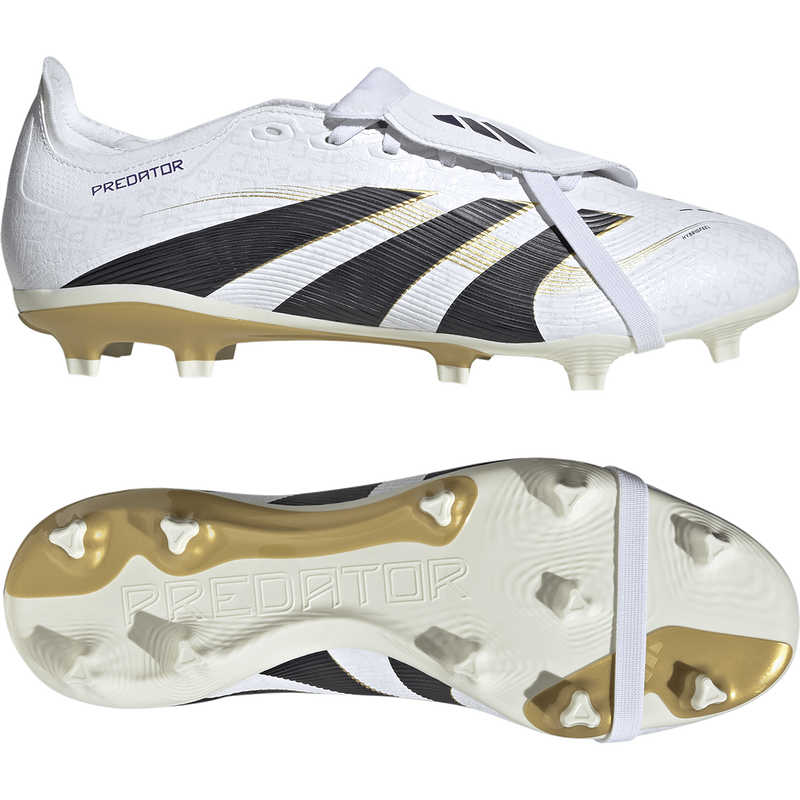 Predator League Fold over Tongue FG/MG WC, Adidas Predator League Fold over Tongue FG/MG WC 2025 in White/Black/Gold pair right and bottom