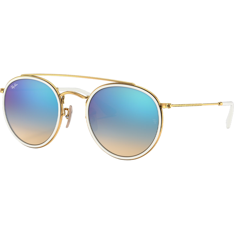 Round Double Bridge - Polished Gold/Blue Flash, Ray Ban Round Double Bridge Polished Gold Blue Flash 3/4 view