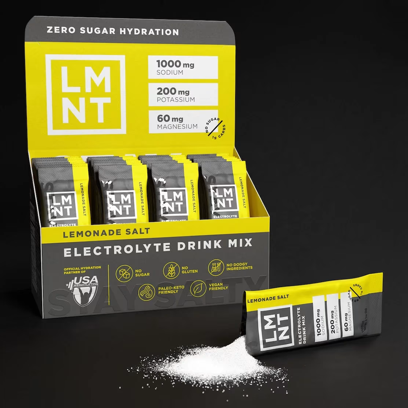 Zero-Sugar Electrolyte Drink Mix, LMNT Zero-Sugar Electrolyte Drink Mix box with open packet