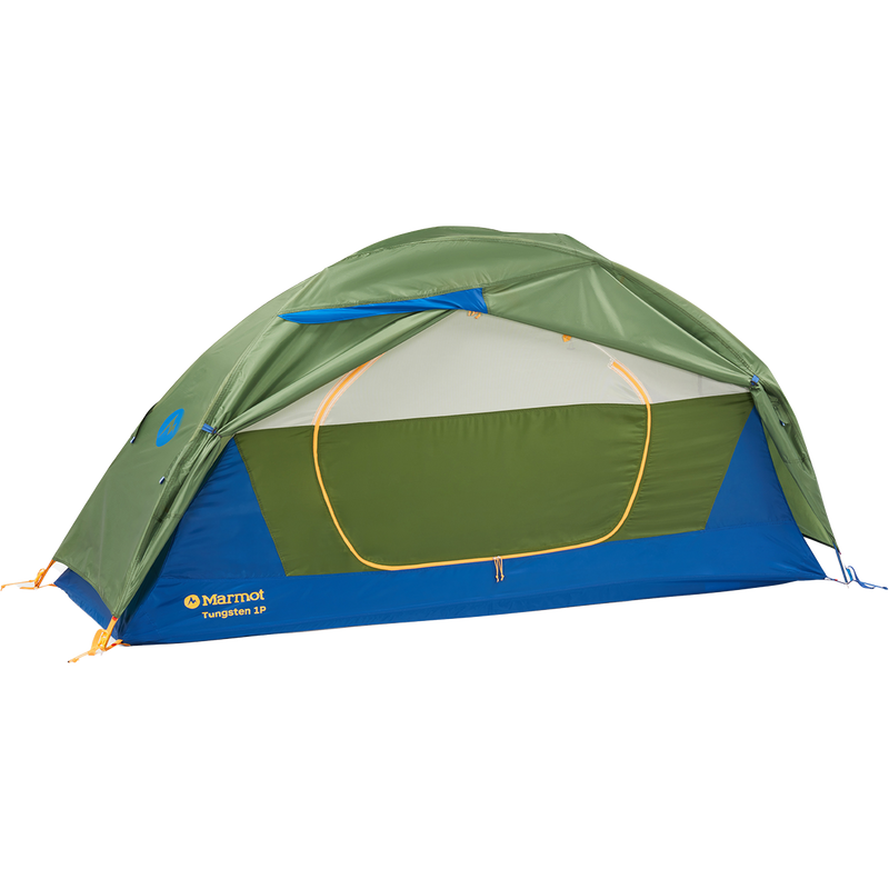 Tungsten 1 Person Tent, Marmot Tungsten 1P in Foliage Dark Azure with rainfly door unzipped