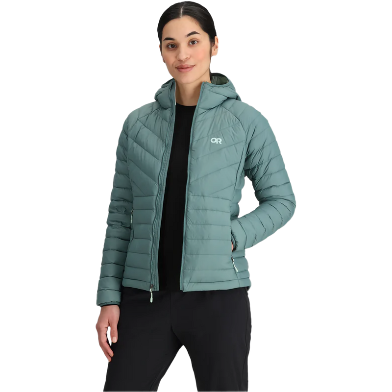 Women's Transcendent Down Hoody, Women's Transcendent Down Hoody in Neptune front unzipped