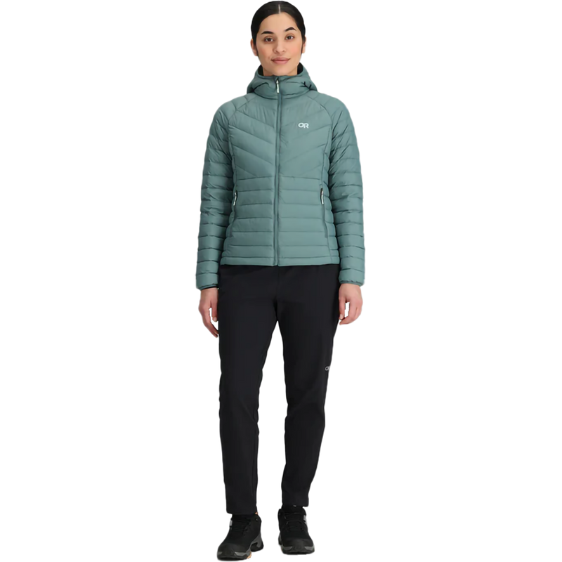 Women's Transcendent Down Hoody, Women's Transcendent Down Hoody in Neptune front full length