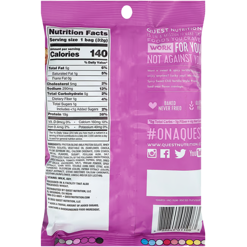 Tortilla Style Protein Chips 1.1oz, Quest Tortilla Style Protein Chips 1.1oz back of package