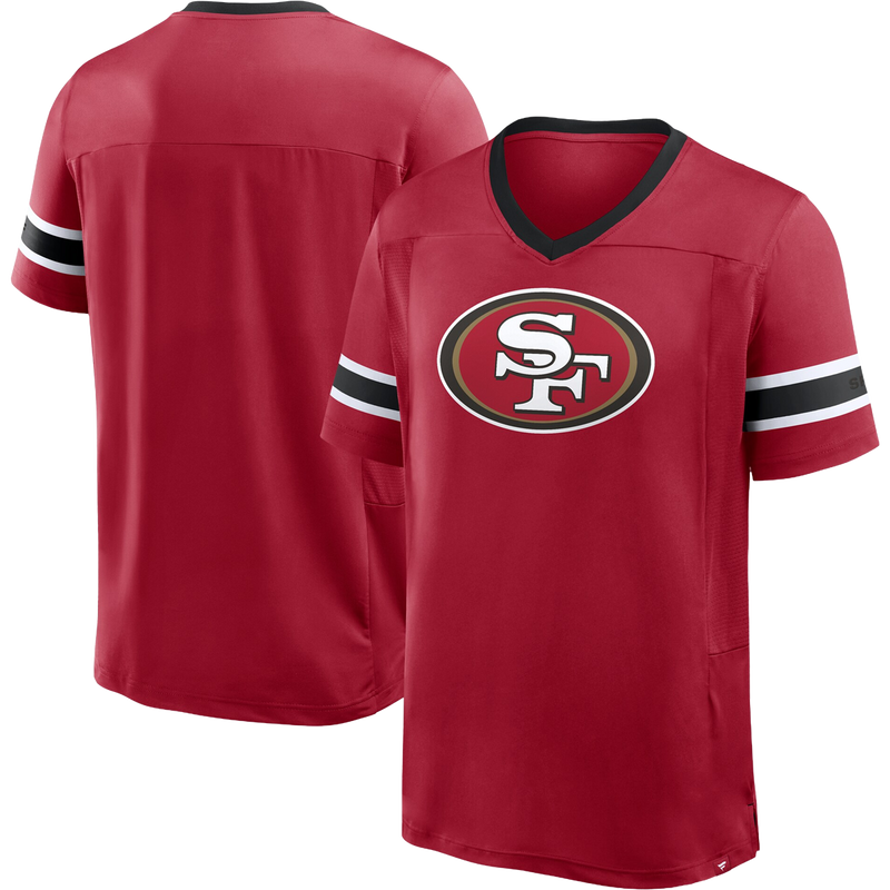 Men's 49ers Pigskin Hashmark Short Sleeve Top, Fanatics Men's 49ers Pigskin Hashmark SS Top front and back