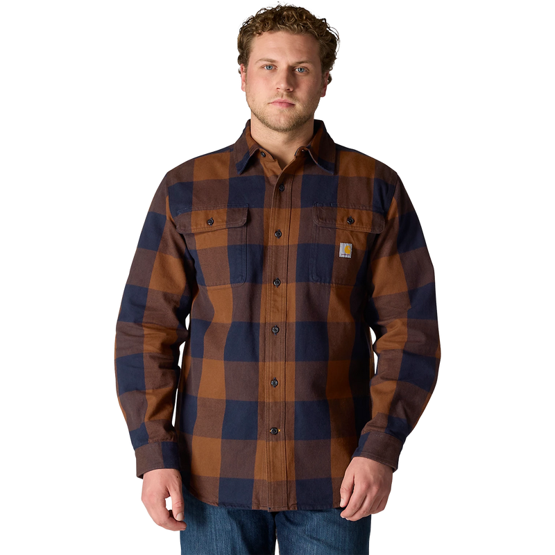 Men's Heavyweight Flannel Long Sleeve Plaid Shirt, Carhartt Men's Heavyweight Flannel LS Plaid Shirt front on model