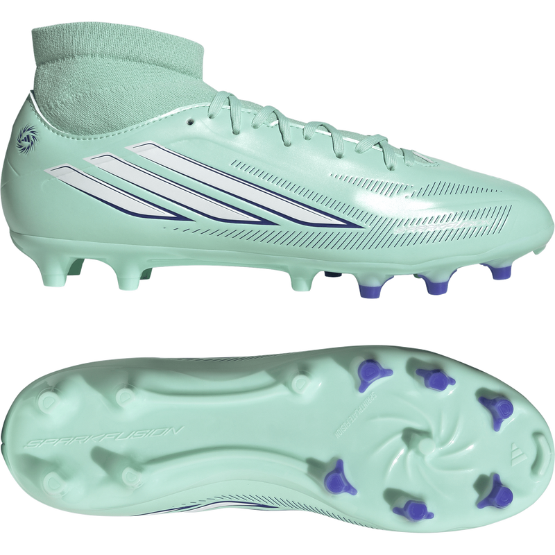Women's F50 Sparkfusion Club FG/MG in Clear Mint/Footwear White/Solar Purple pair right and bottom