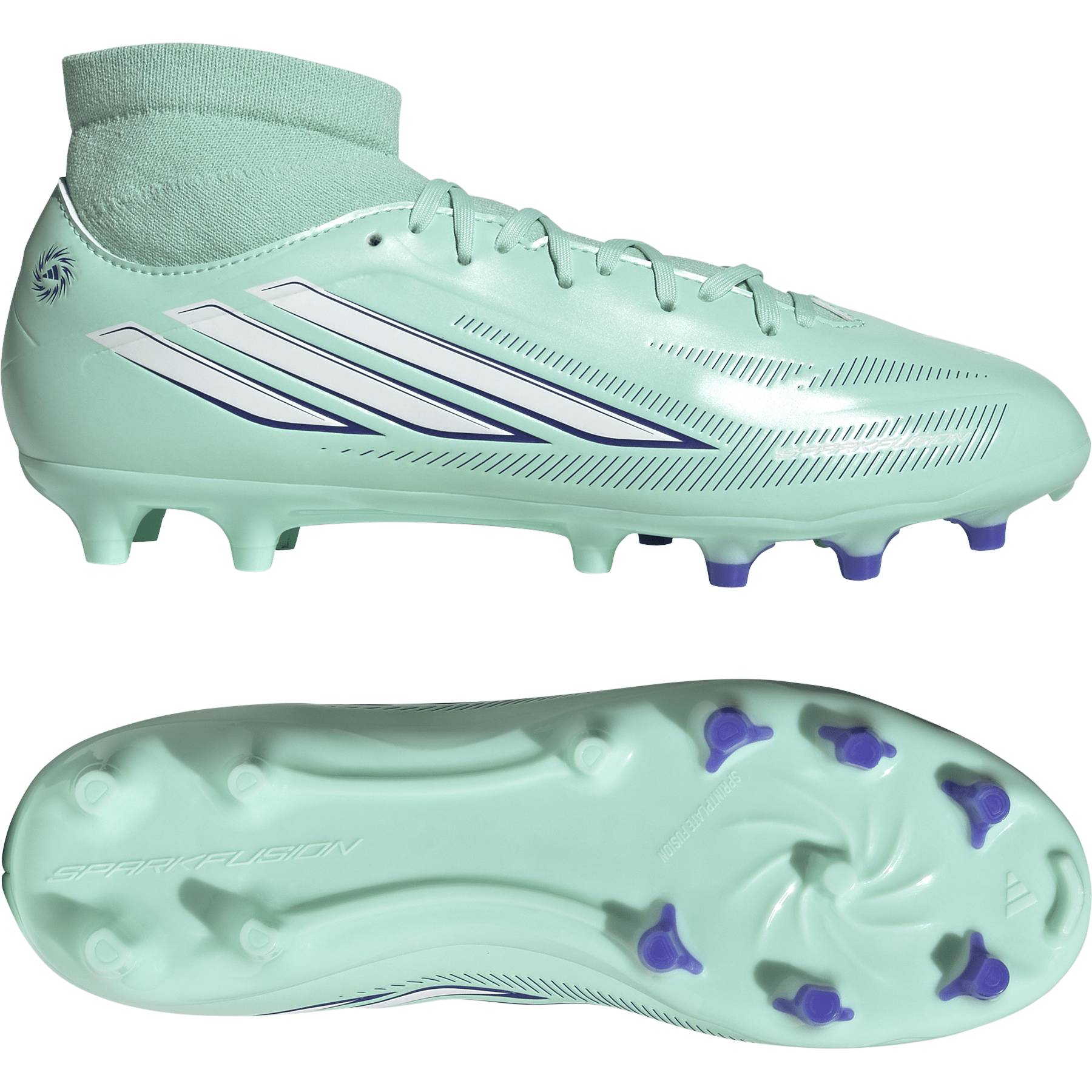 Women's F50 Sparkfusion Club FG/MG in Clear Mint/Footwear White/Solar Purple pair right and bottom