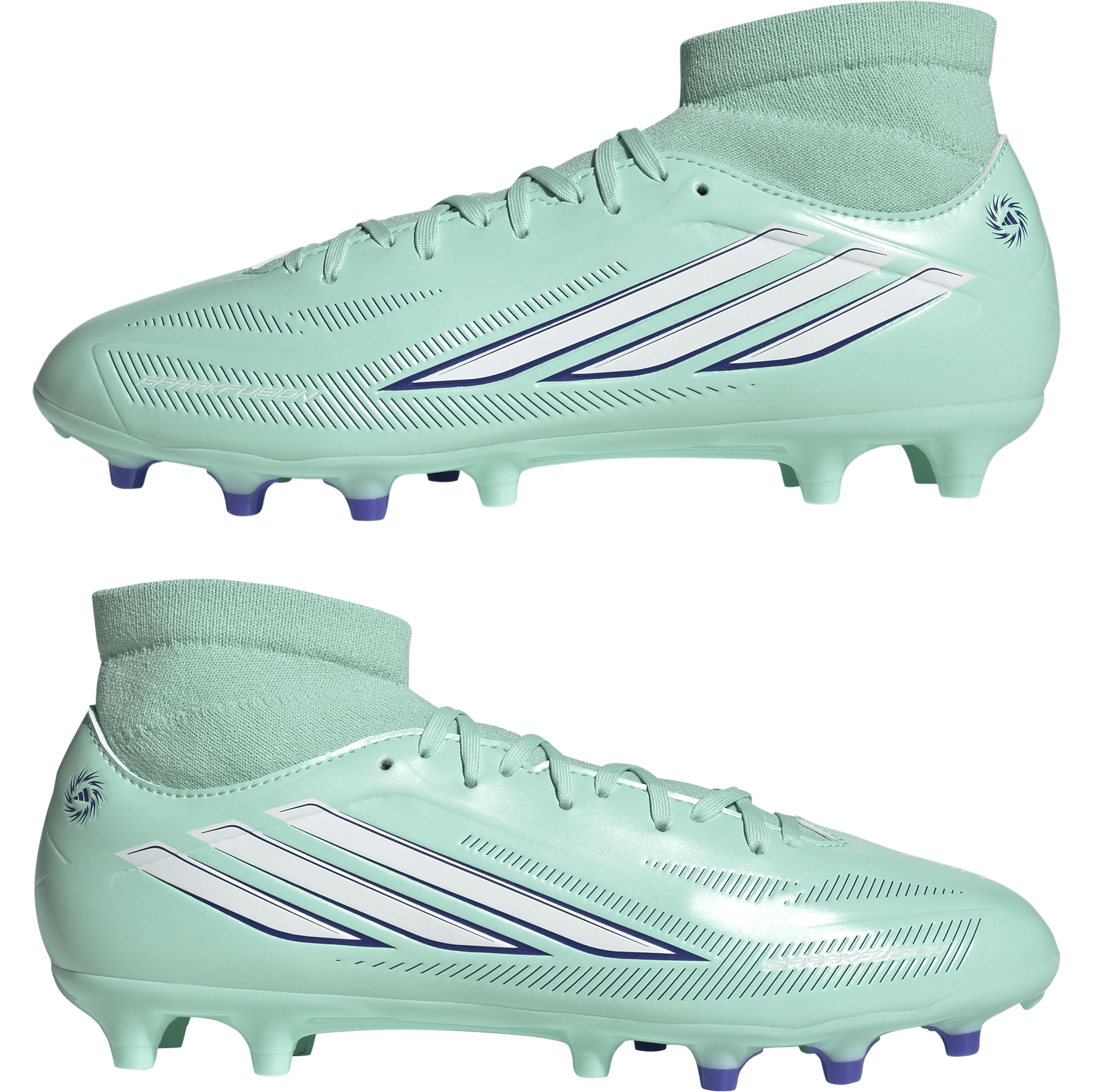 Women's F50 Sparkfusion Club FG/MG in Clear Mint/Footwear White/Solar Purple pair 
