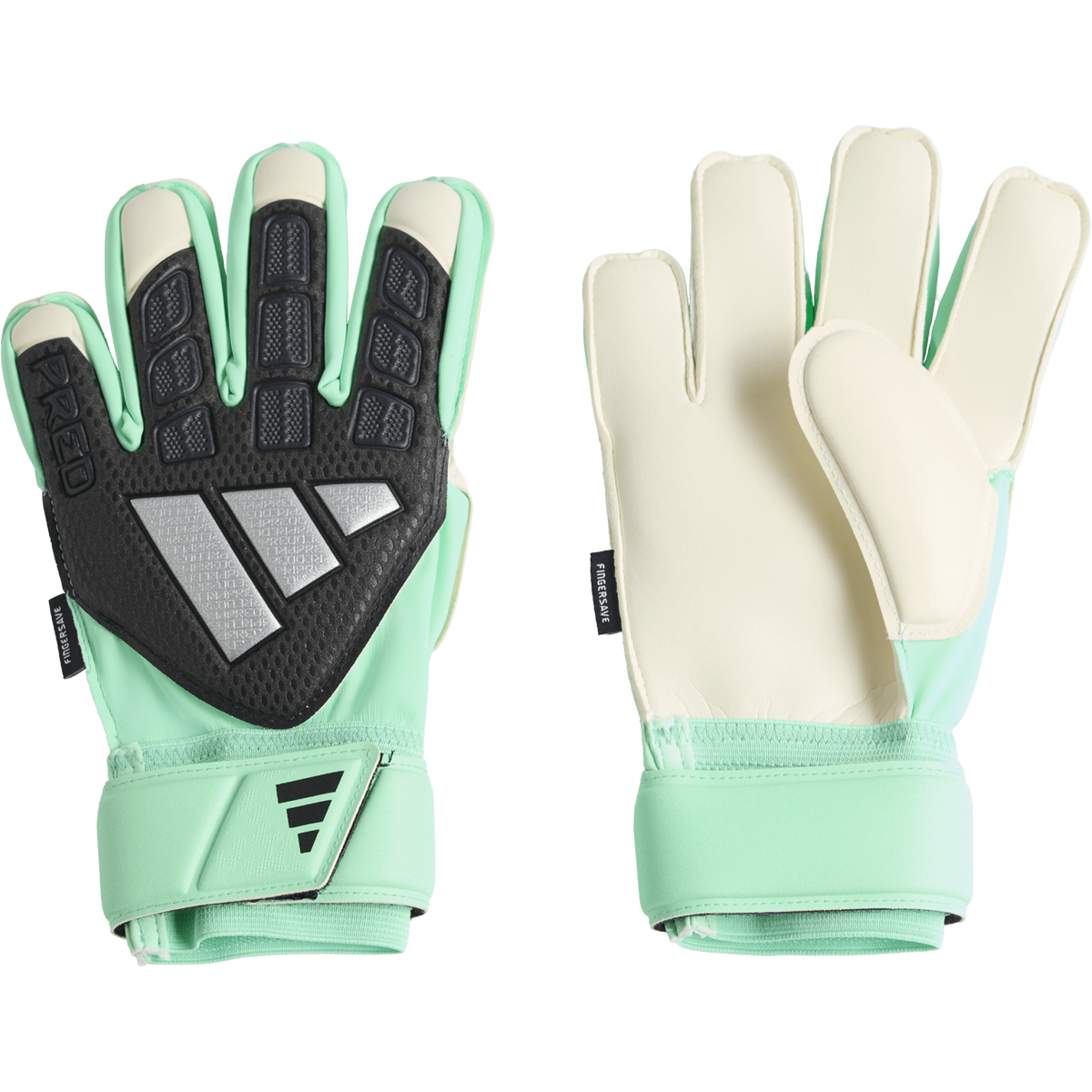 Adidas Youth Predator Match Fingersave Glove in White/Mint Pulse/Silver Metallic