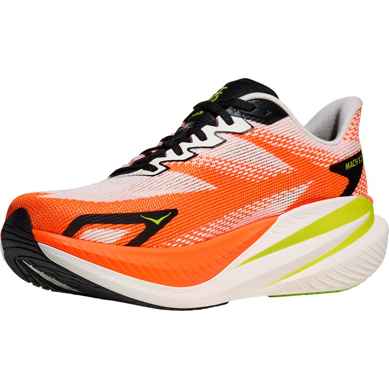 Mach X 3, Hoka Mach X 3 in WNG-White/Neon Tangerine isside right front profile