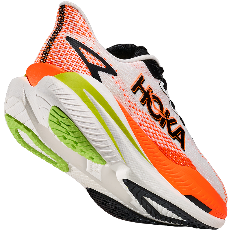 Mach X 3, Hoka Mach X 3 in WNG-White/Neon Tangerine back right and sole