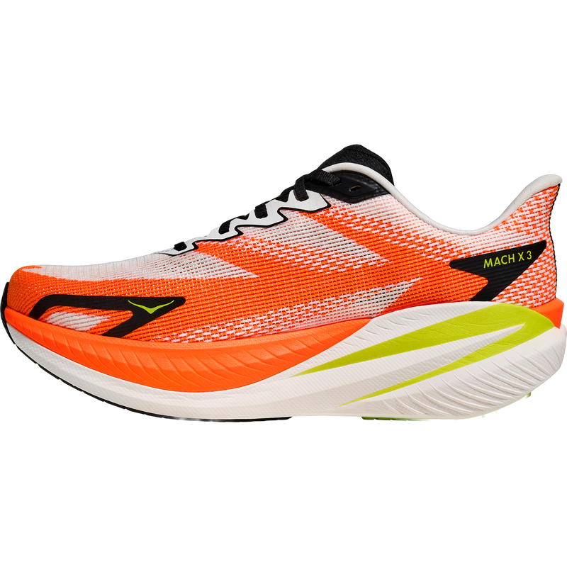Mach X 3, Hoka Mach X 3 in WNG-White/Neon Tangerine inside right profile