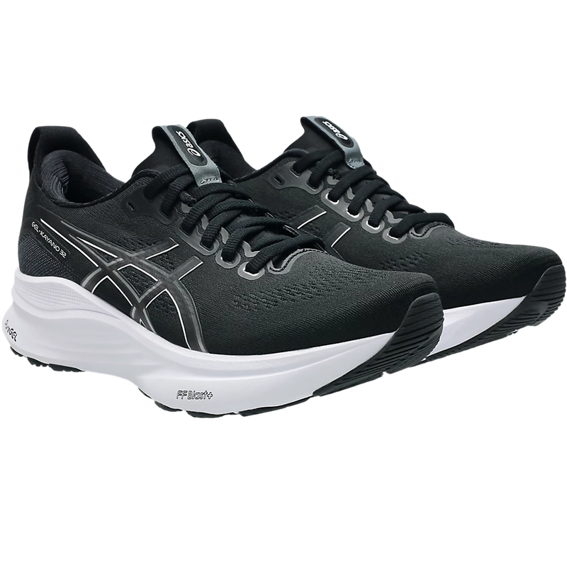 Women's Kayano 32 Wide, Asics Women's Kayano 32 in 002 Black/White pair front right