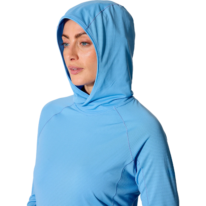 Women's Sonic Hoody, Rab Women's Sonic Hoody in Bluebird with hoodie details on model