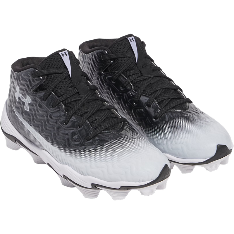 Youth Spotlight Hammer Wide Football Cleats, Under Armour Youth Spotlight Hammer Wide in 001-Black/White pair right front