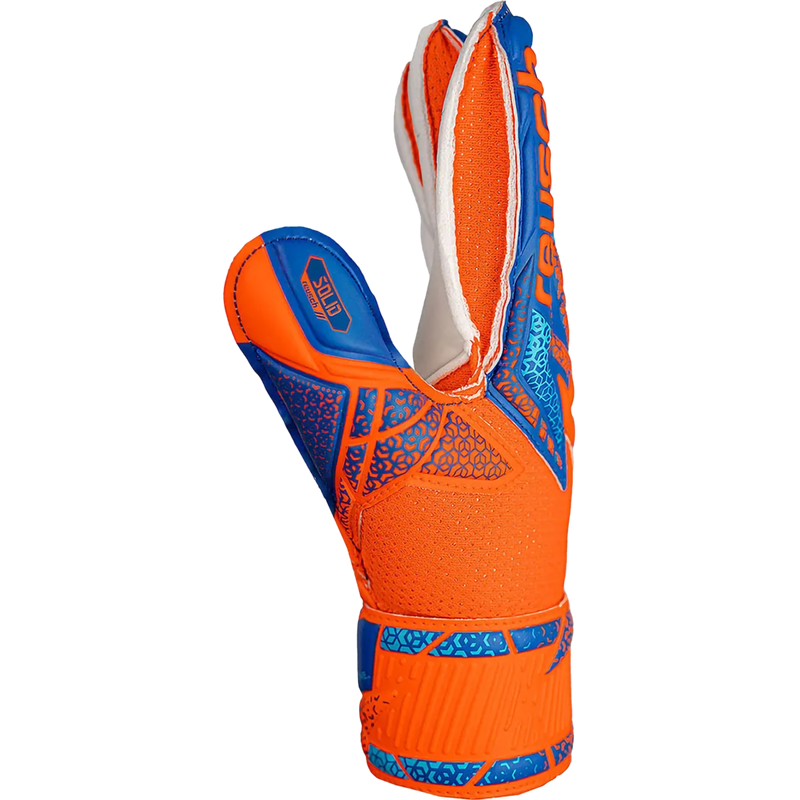 Youth Attrakt Solid FS Glove, Reusch Youth Attrakt Solid FS Glove in 2290-Shocking Orange/Blue right thumb
