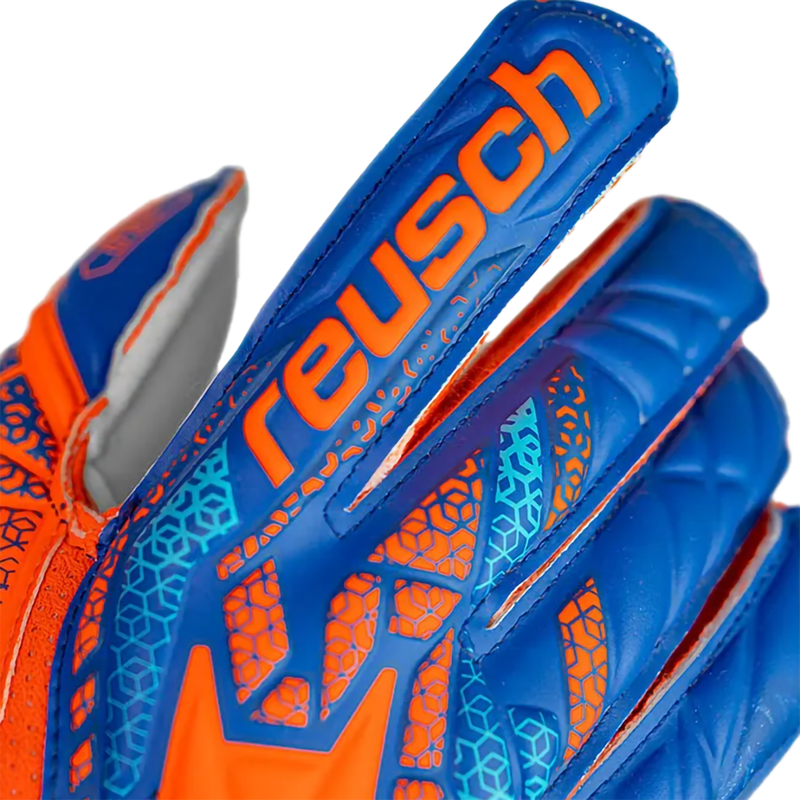 Youth Attrakt Solid FS Glove, Reusch Youth Attrakt Solid FS Glove in 2290-Shocking Orange/Blue branding in index finger