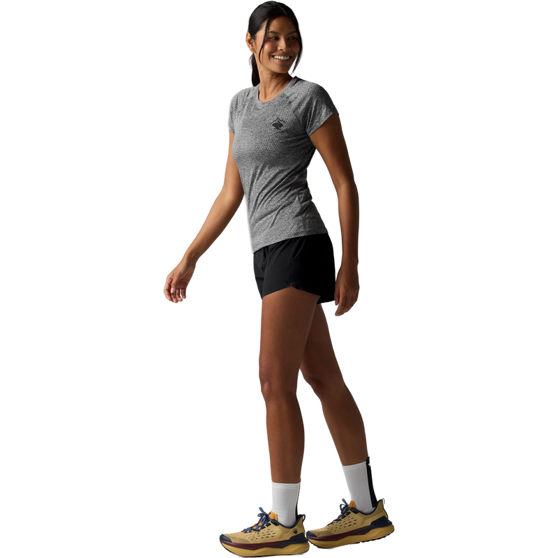 Women's EZ Tee Perf Short Sleeve, Rabbit Women's EZ Tee Perf Short Sleeve in Charcoal left full length