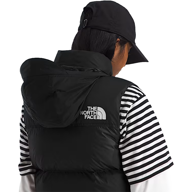 Women's 1996 Retro Nuptse Vest, The North Face Women's 1996 Retro Nuptse Vest in GOF-TNF Black-R back logo and hood