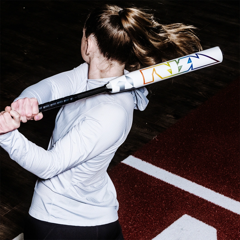Prism+ Fastpitch -11, DeMarini Prism+ Fastpitch -11 in White/Rainbow with model