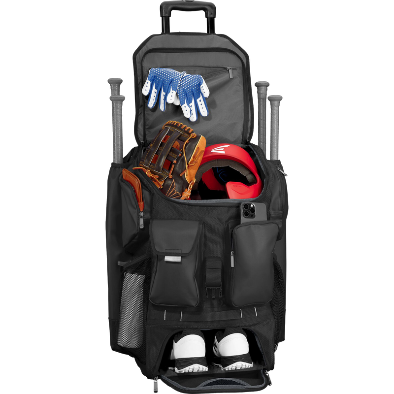 5 Tool Phenom Wheeled Bag, Easton Sports 5 Tool Phenom Wheeled Bag in Black loaded with gear