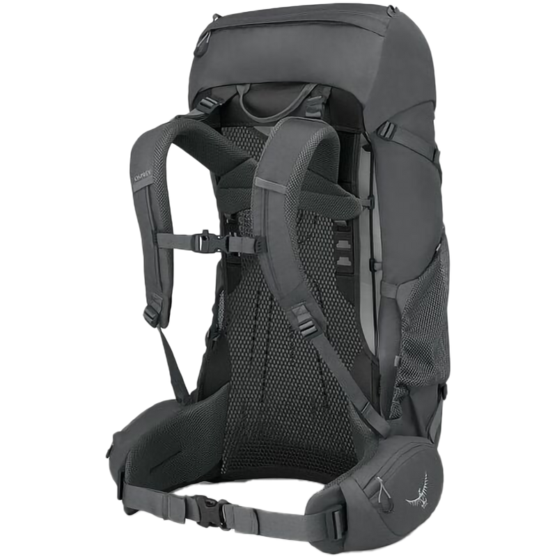 Rook 50L, Osprey Rook 50L in Dark Charcoal/Silver Lining harness and waistbelt