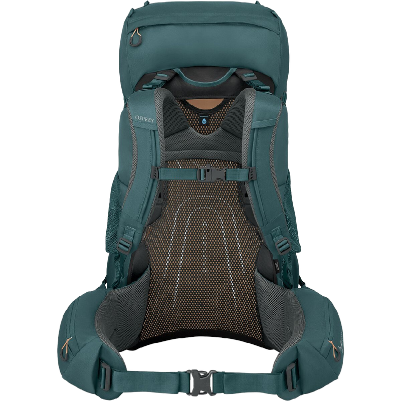 Women's Renn 65L EF, Osprey Renn 65L EF in Cascade Blue/Melon Orange harness and hipbelt