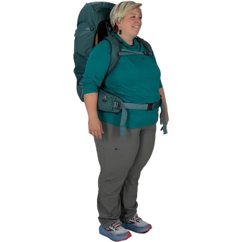 Women's Renn 65L EF, Osprey Renn 65L EF in Cascade Blue/Melon Orange on model front