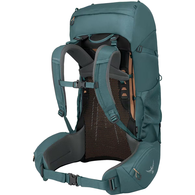 Women's Renn 65L, Osprey Women's Renn 65L in Cascade Blue/Melon Orange harness and waist belt