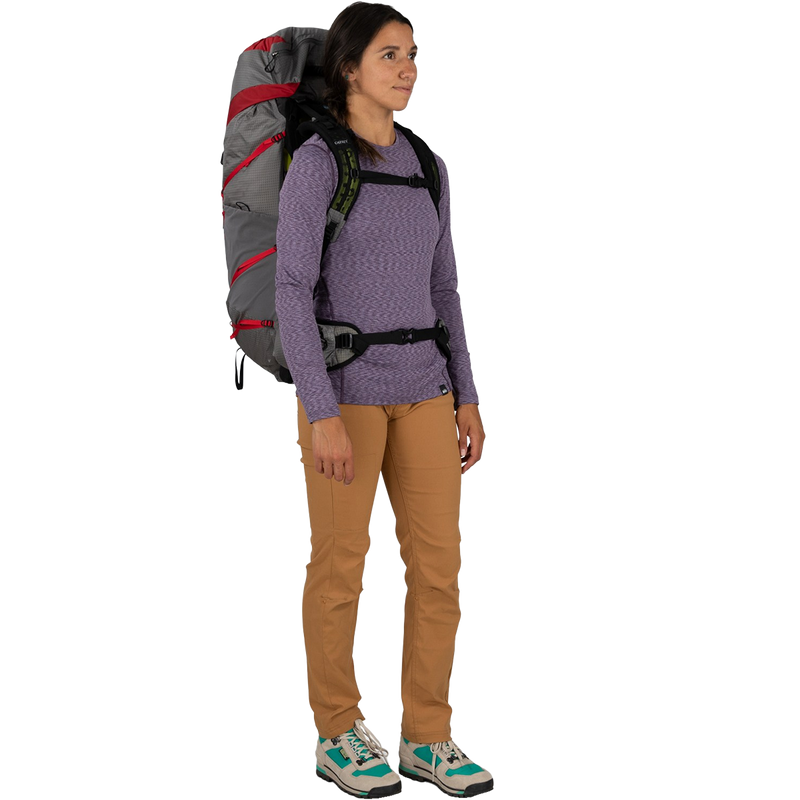 Women's Eja Pro 55, Osprey Women's Eja Pro 55 in Dale Grey/Poinsettia Red on model front right