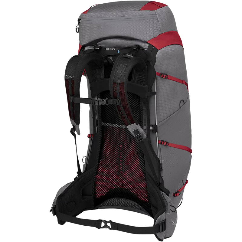 Women's Eja Pro 55, Osprey Women's Eja Pro 55 in Dale Grey/Poinsettia Red harness and hipbelt