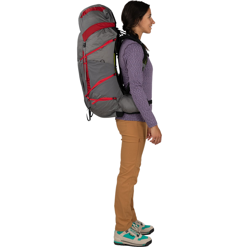Women's Eja Pro 55, Osprey Women's Eja Pro 55 in Dale Grey/Poinsettia Red on model right
