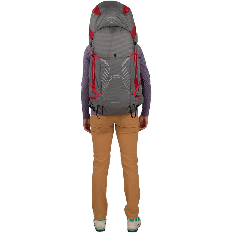 Women's Eja Pro 55, Osprey Women's Eja Pro 55 in Dale Grey/Poinsettia Red on model back