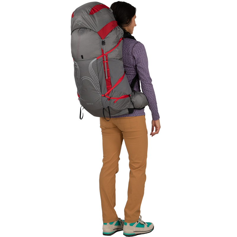 Women's Eja Pro 55, Osprey Women's Eja Pro 55 in Dale Grey/Poinsettia Red on model back right