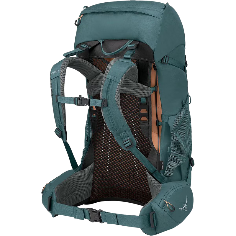 Women's Renn 50L, Osprey Renn 50L in Cascade Blue/Melon Orange harness and waistbelt