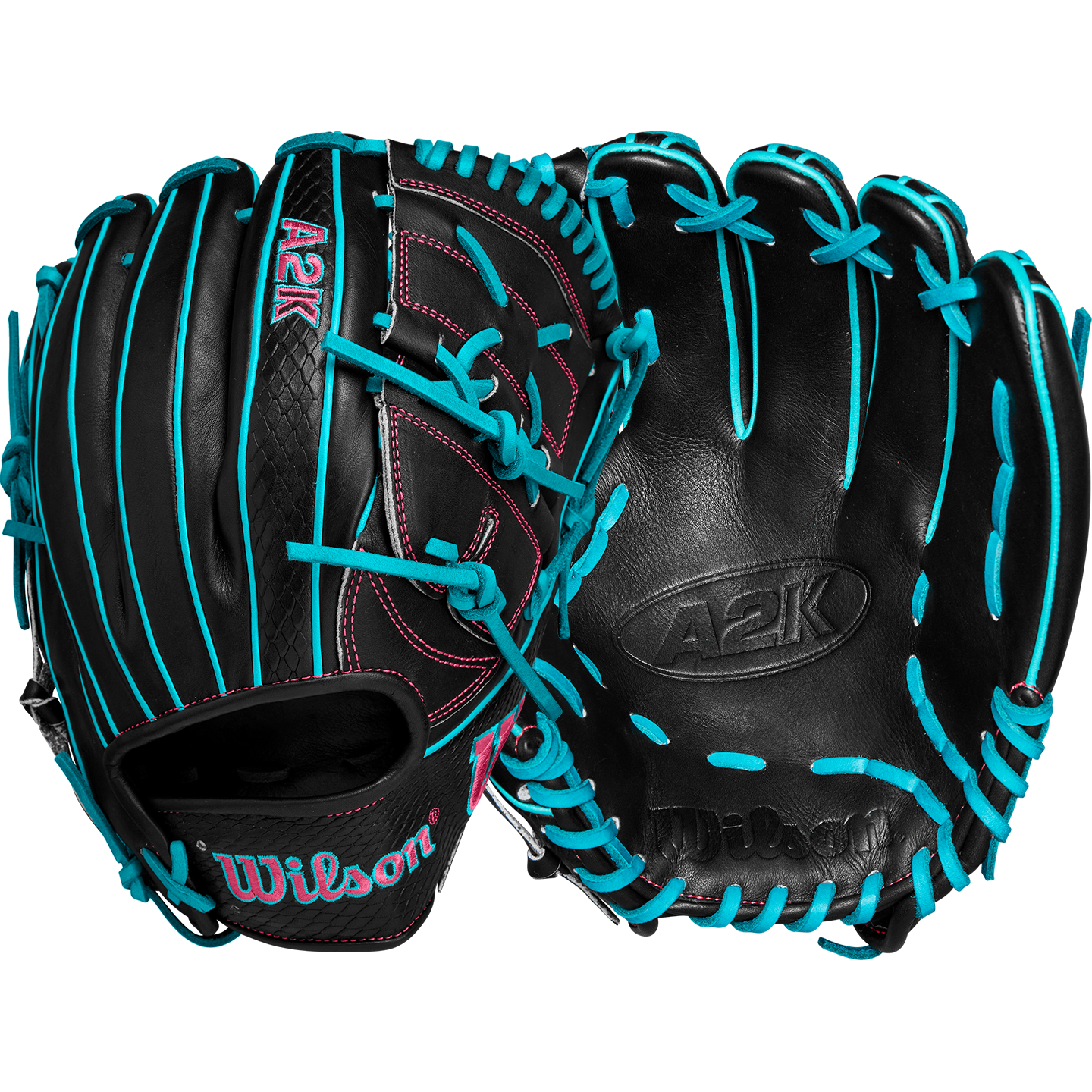 Wilson A2K B2 P - 12" 2-Piece in Black/Teal/Flamingo Pink Logos front and back