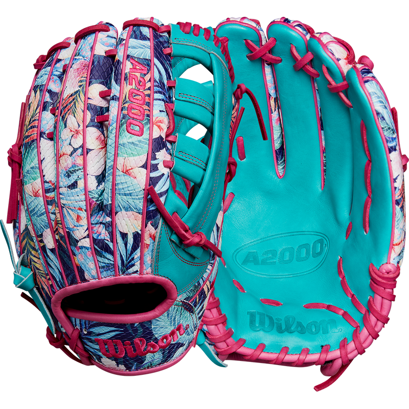 A2000 RA56 Randy Arozarena Game Model Outfield - 12.75" Aso Web SP25, Wilson A2000 RA56 Randy Arozarena Game Model Outfield - 12.75" Aso Web SP25 in Floral SS/Teal/Pink front and back
