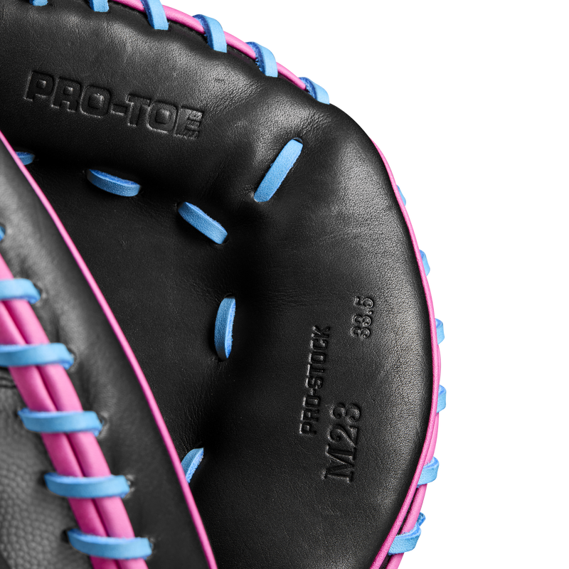 A2000 M23 Catcher's Mitt - 33.5" Half Moon SP25, Wilson A2000 M23 Catcher's Mitt - 33.5" Half Moon SP25 in Grey/Pink/Sky Blue/Black stitching