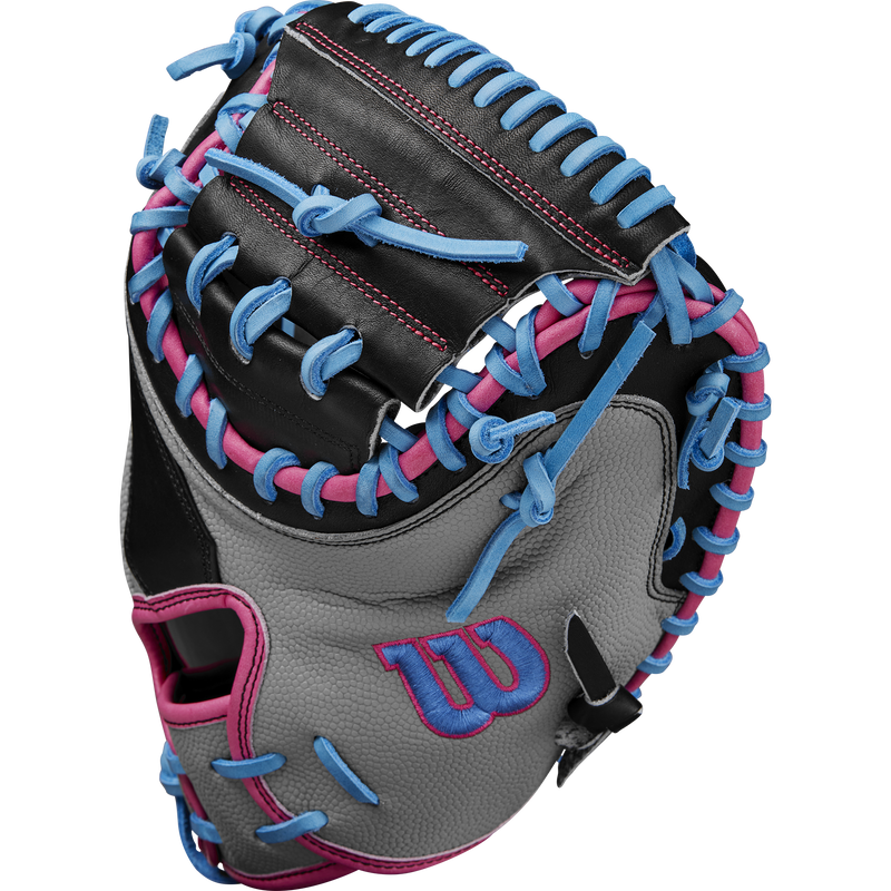 A2000 M23 Catcher's Mitt - 33.5" Half Moon SP25, Wilson A2000 M23 Catcher's Mitt - 33.5" Half Moon SP25 in Grey/Pink/Sky Blue/Black outside thumb