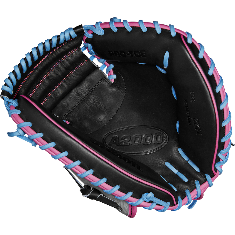A2000 M23 Catcher's Mitt - 33.5" Half Moon SP25, Wilson A2000 M23 Catcher's Mitt - 33.5" Half Moon SP25 in Grey/Pink/Sky Blue/Black palm