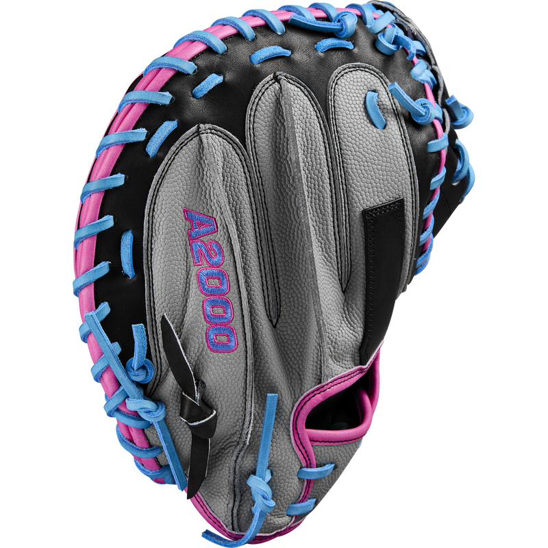A2000 M23 Catcher's Mitt - 33.5" Half Moon SP25, Wilson A2000 M23 Catcher's Mitt - 33.5" Half Moon SP25 in Grey/Pink/Sky Blue/Black outside finger
