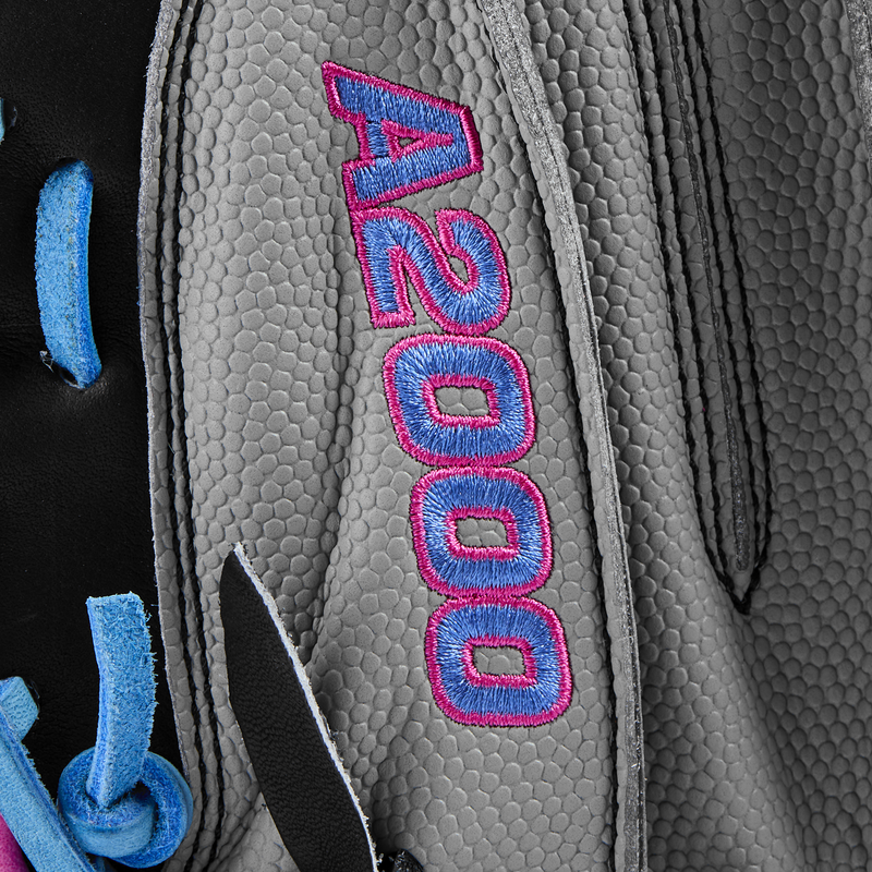 A2000 M23 Catcher's Mitt - 33.5" Half Moon SP25, Wilson A2000 M23 Catcher's Mitt - 33.5" Half Moon SP25 in Grey/Pink/Sky Blue/Black series logo