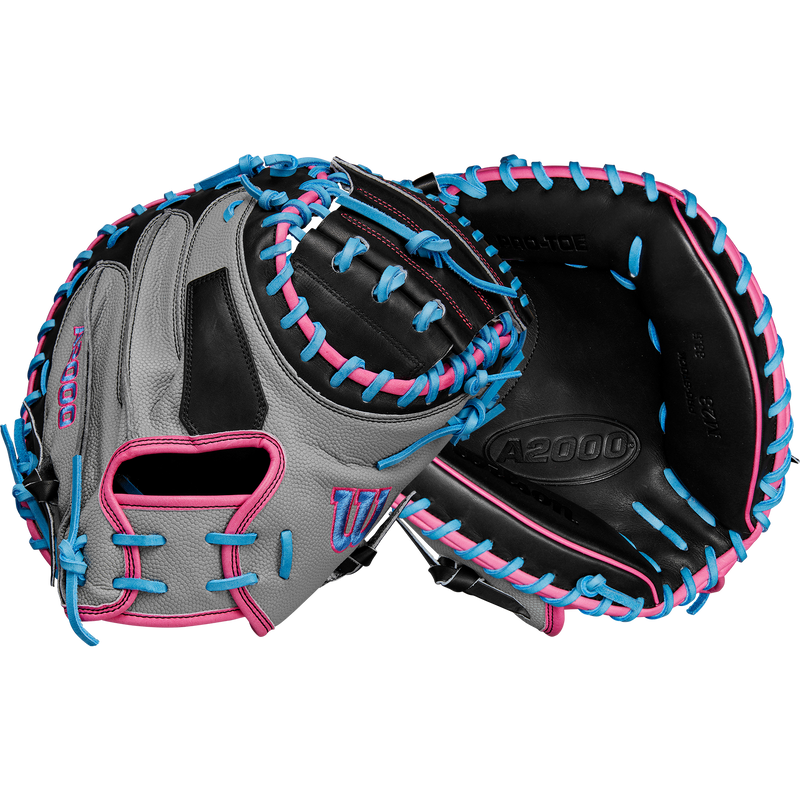 A2000 M23 Catcher's Mitt - 33.5" Half Moon SP25, Wilson A2000 M23 Catcher's Mitt - 33.5" Half Moon SP25 in Grey/Pink/Sky Blue/Black front and back