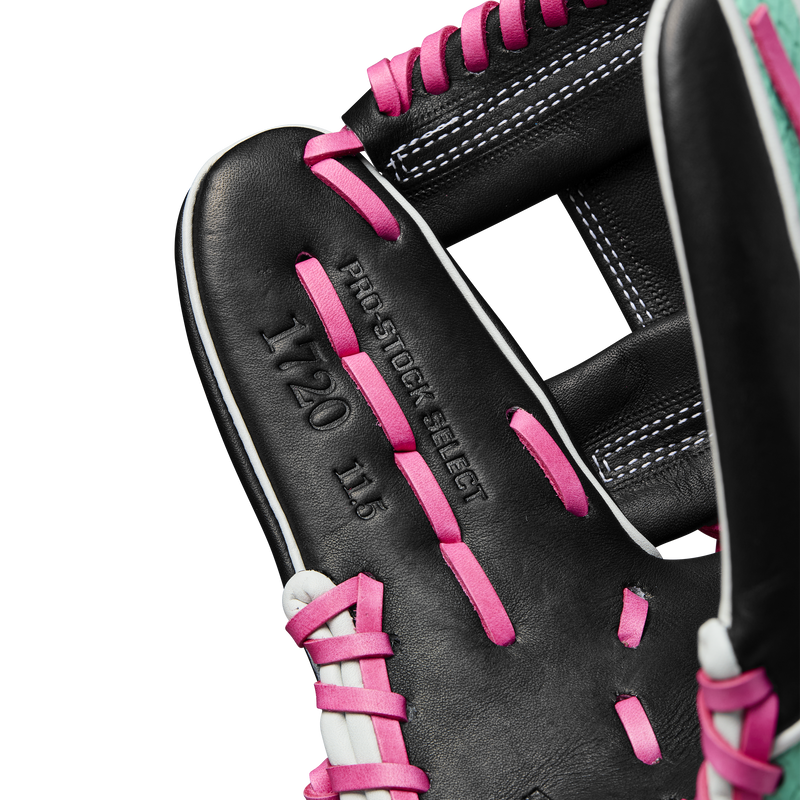 A2K 1720SS Infield - 11.5" H-Web, Wilson A2K 1720SS Infield - 11.5" H-Web in Black/Seafoam/Flamingo Pink stitching