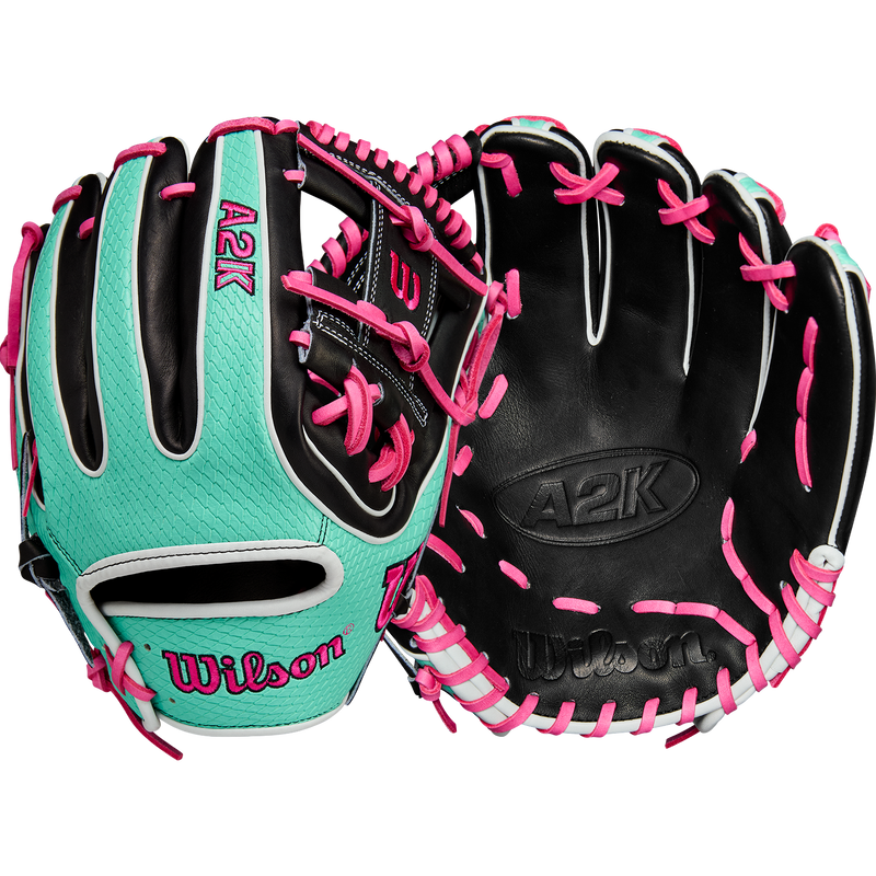 A2K 1720SS Infield - 11.5" H-Web, Wilson A2K 1720SS Infield - 11.5" H-Web in Black/Seafoam/Flamingo Pink front and back