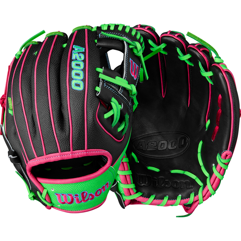 A2000 1786SS Infield - 11.5" H-Web, Wilson A2000 1786SS Infield - 11.5" H-Web in Black/Neon Green/Flamingo Pink front and back