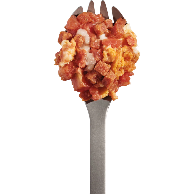 Cheesy Pepperoni Pizza Bowl, Mountain House Cheesy Pepperoni Pizza Bowl on fork