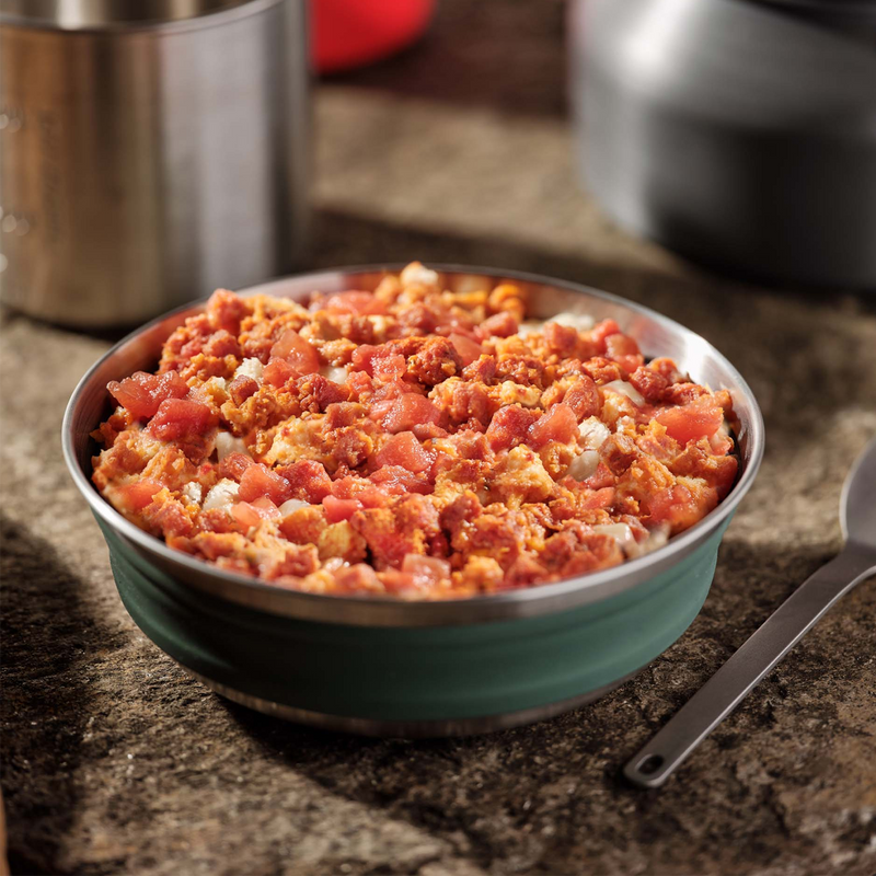 Cheesy Pepperoni Pizza Bowl, Mountain House Cheesy Pepperoni Pizza Bowl in bowl at camp